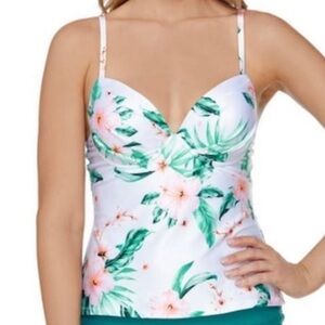 Tropical Floral Tankini Swim Top Womens White Pink Green Plunge Bustier L Raisin